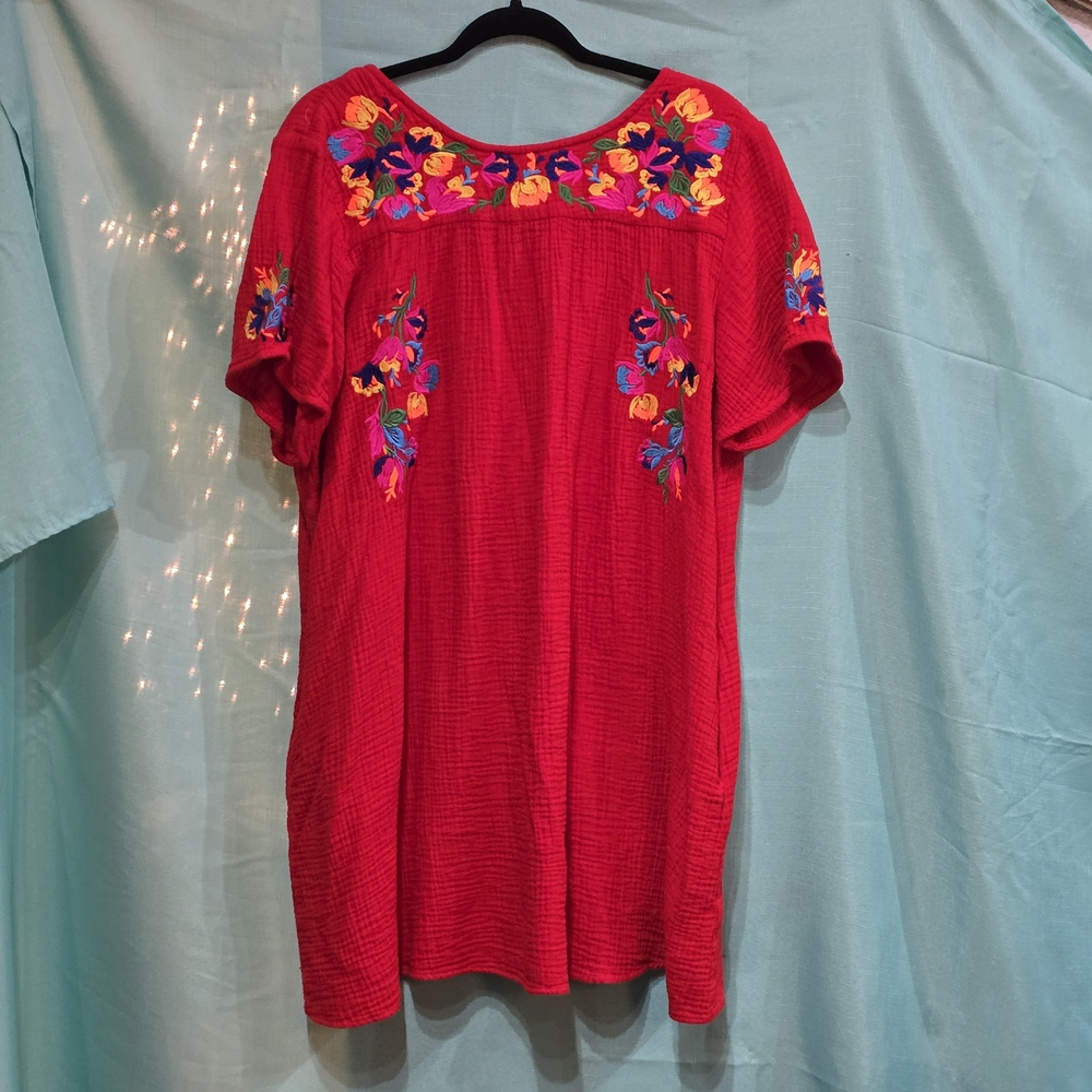 See and Be Seen Red Dress W/Embroidered Colorful Flowers W/Pockets EUC - Picture 2 of 10